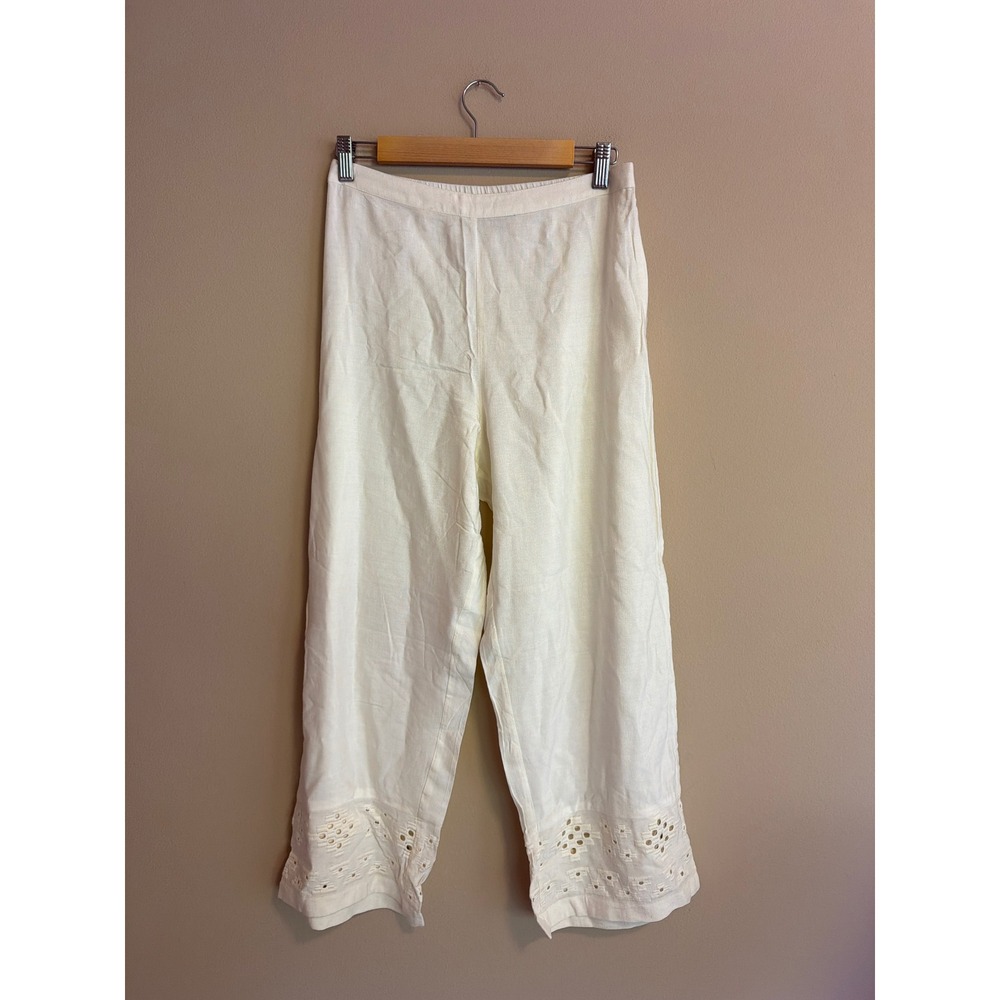 Cream Eyelet Embroidered Cropped Wide Leg Pants Medium